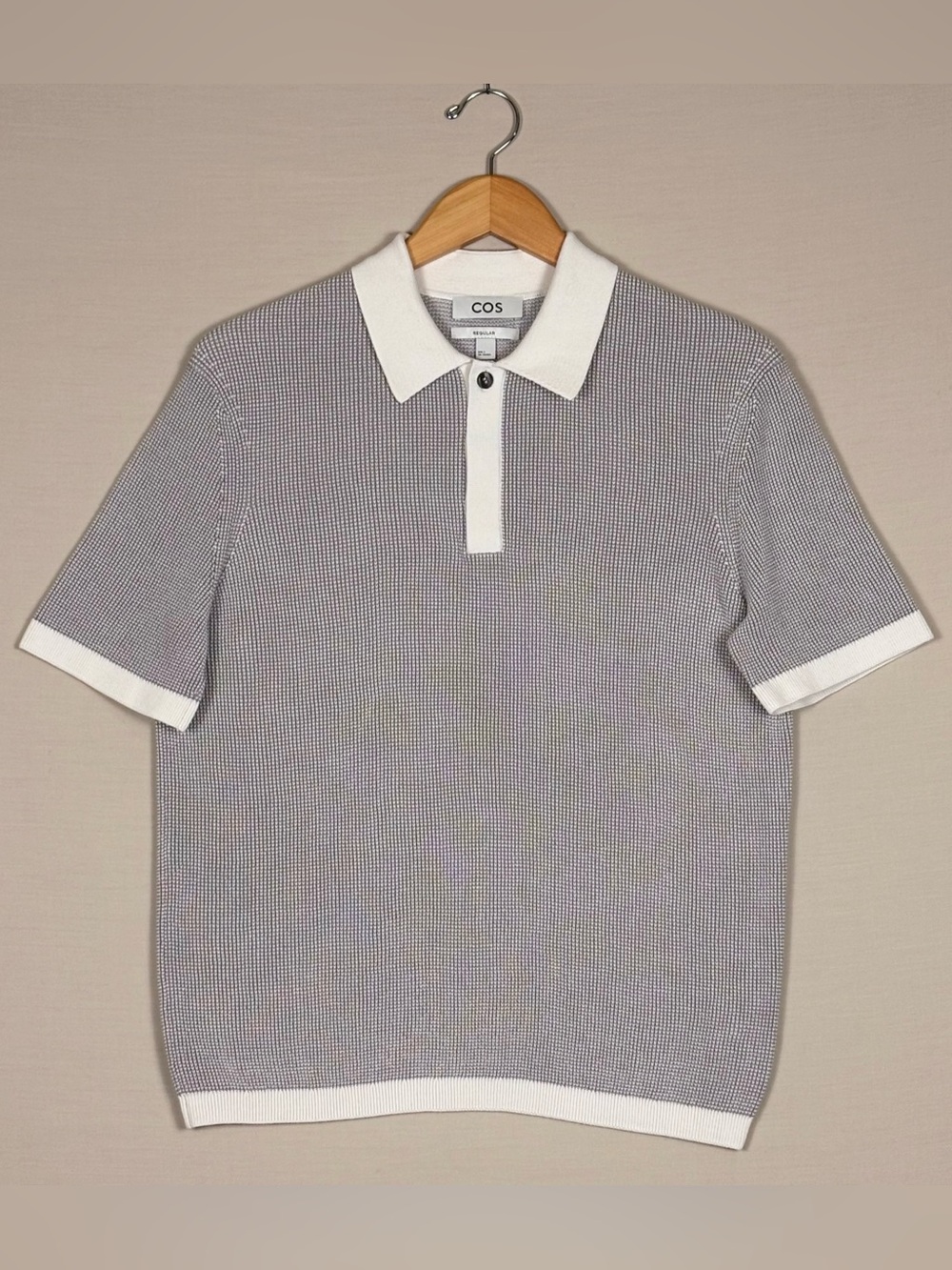 COS Textured Knit Polo Shirt Gray White Cotton Minimalist Luxury Size S